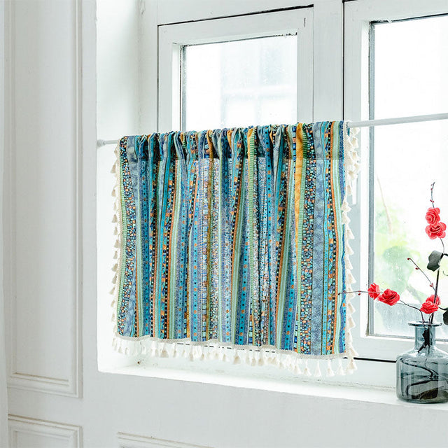 Colorful Plaid Pattern Tassel Tier Curtain in Cotton Linen