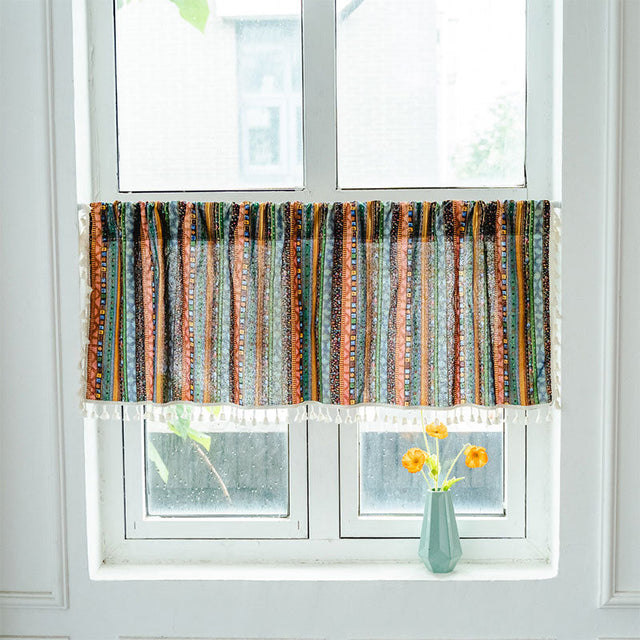 Colorful Plaid Pattern Tassel Tier Curtain in Cotton Linen