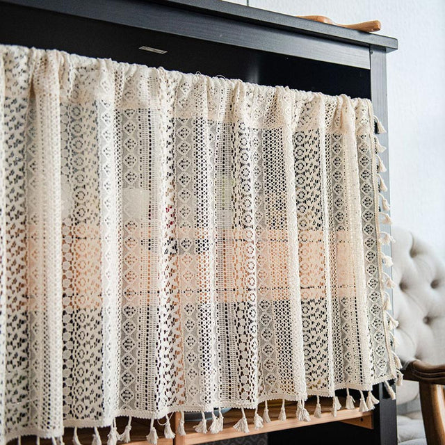 Lace Taseel Hollow-Out Tier Curtain in Cotton Linen Material