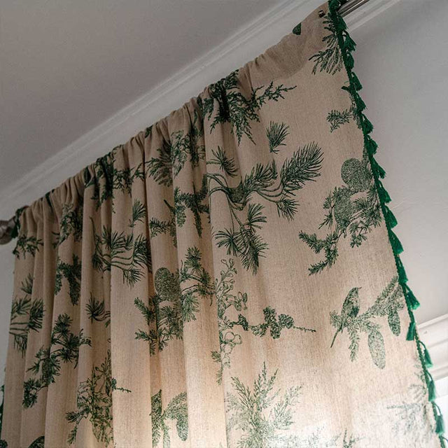 Green Pine Bird Pattern Tassel Curtain Bohemian Cotton Blend