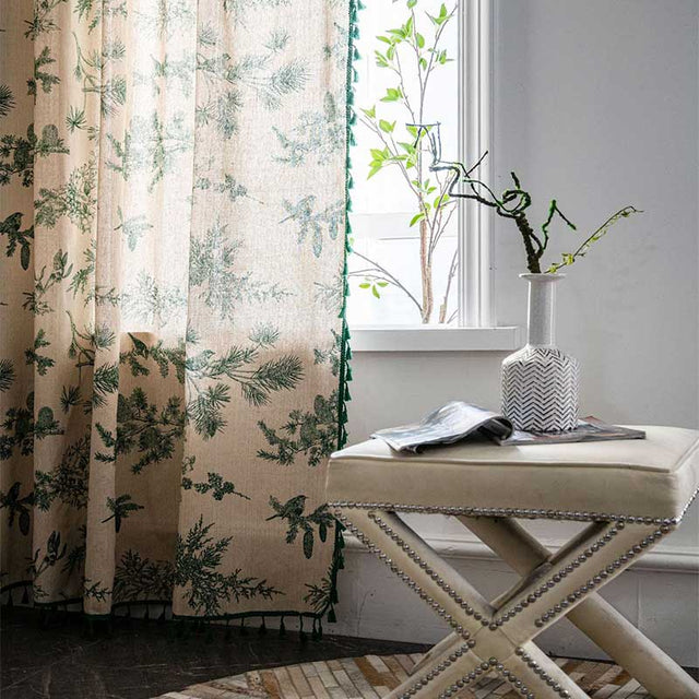 Green Pine Bird Pattern Tassel Curtain Bohemian Cotton Blend