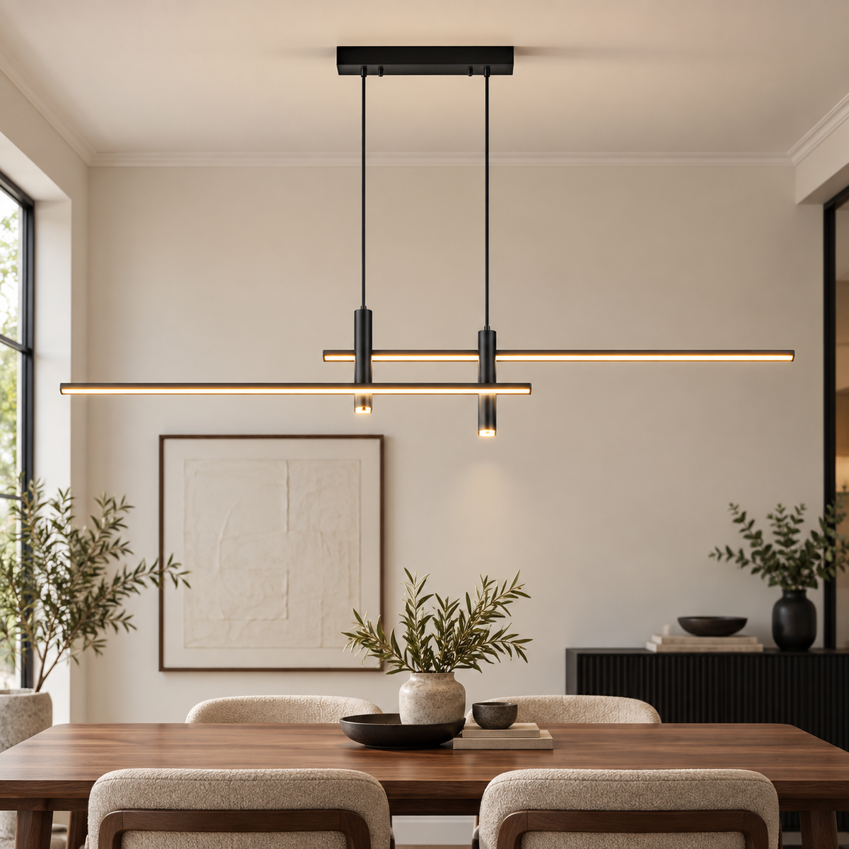 Black 100 cm linear LED pendant in a warm neutral dining room