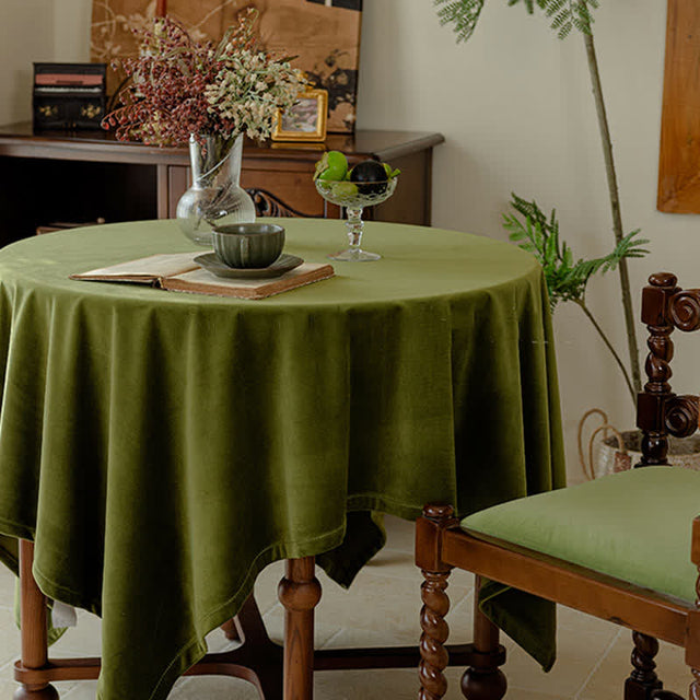 French Vintage Olive Green Velvet Tablecloth-1