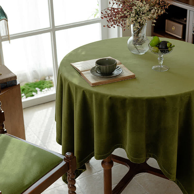 French Vintage Olive Green Velvet Tablecloth-3