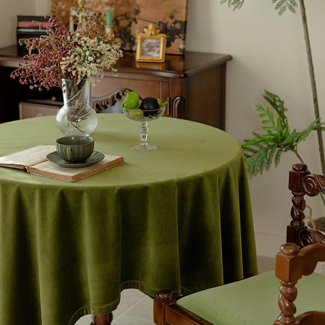 French Vintage Olive Green Velvet Tablecloth-4