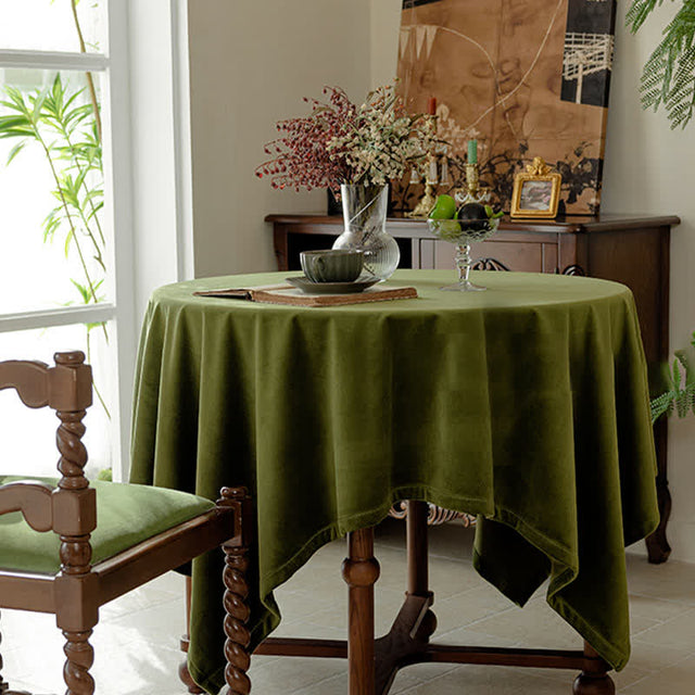 French Vintage Olive Green Velvet Tablecloth-2