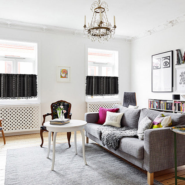 Black Pattern Tassel Tier Curtain