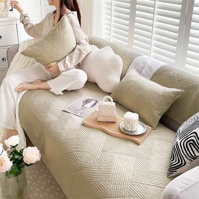 Minimalist All-Season Solid Cotton Geometric Couch Cover