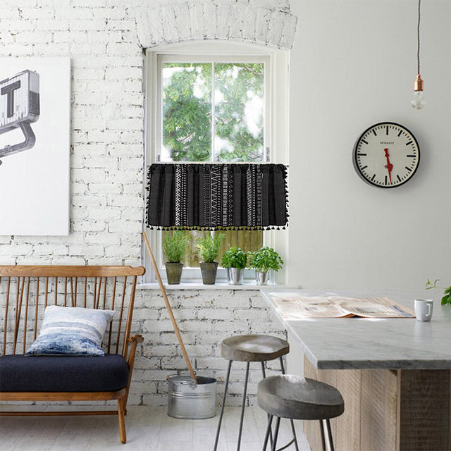 Black Pattern Tassel Tier Curtain