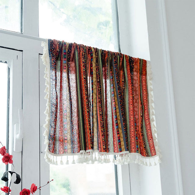 Colorful Plaid Pattern Tassel Tier Curtain in Cotton Linen