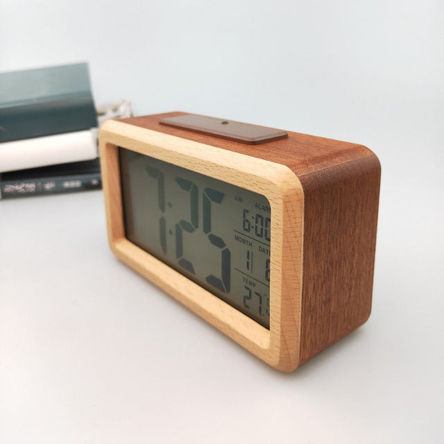 Elegant Wooden Alarm Clock with Calendar & Temperature Display