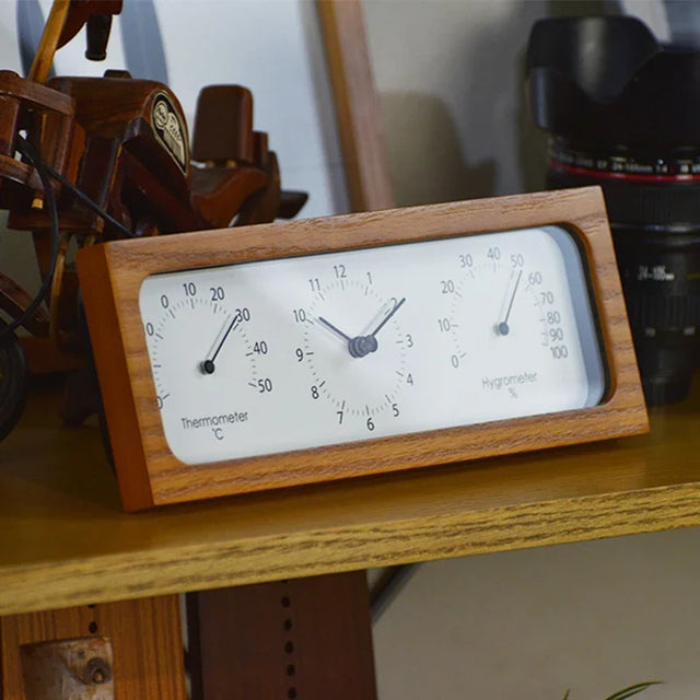 Japanese Wooden Table Clock with Time, Temperature & Humidity Display