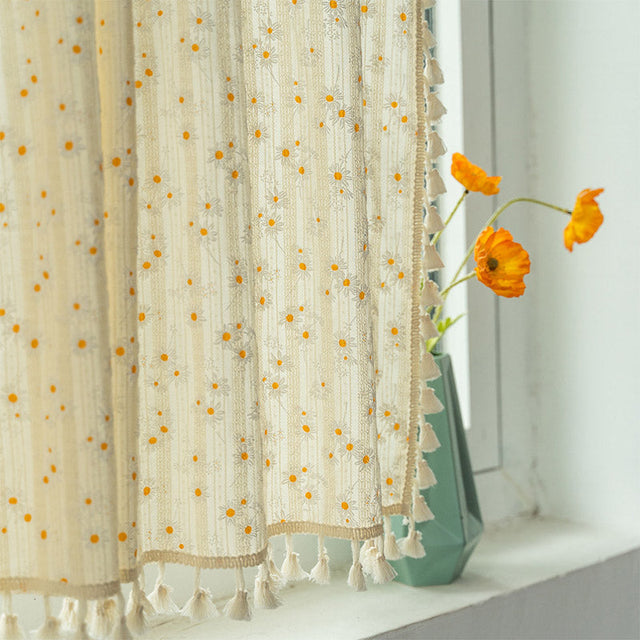 Beige Daisy Pattern Tier Curtain in Cotton Linen Fabric
