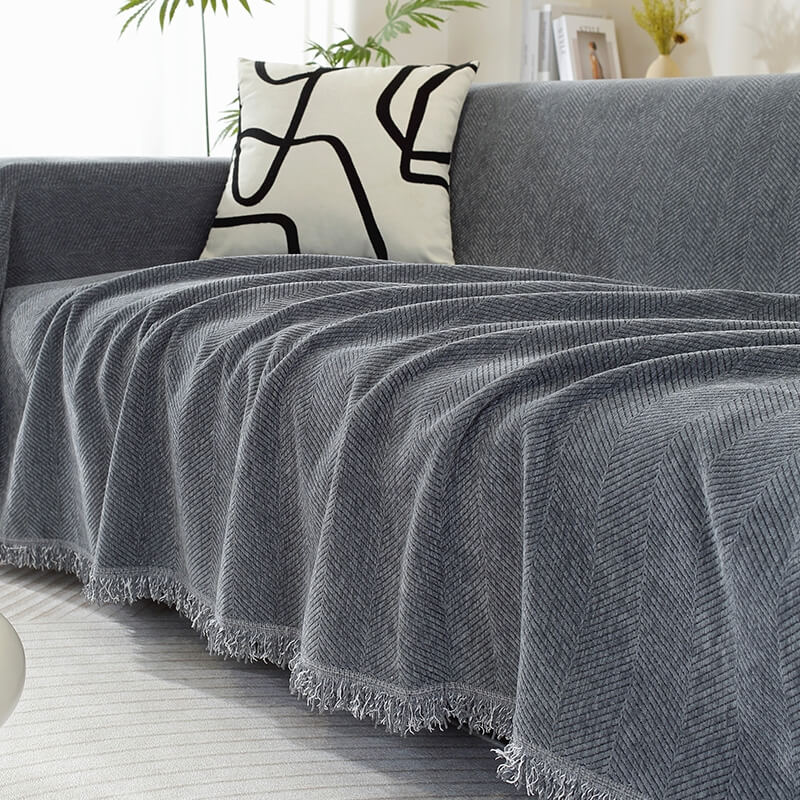 Chenille Blanket Herringbone Tassel Couch Cover Cozy Style
