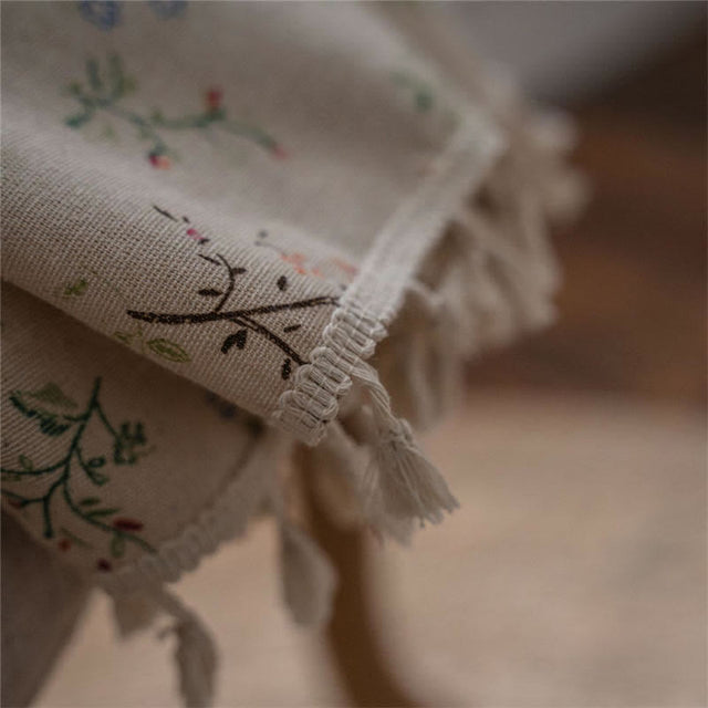 Floral Plaid Splicing Cotton Linen Tassel Curtain