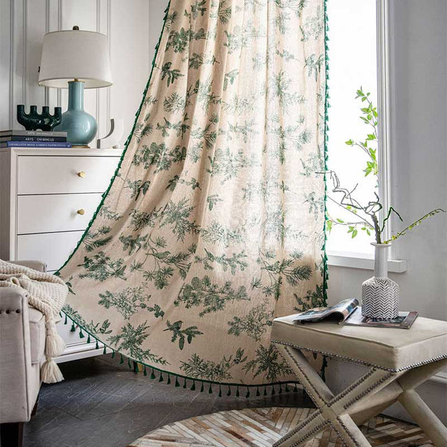 Green Pine Bird Pattern Tassel Curtain Bohemian Cotton Blend
