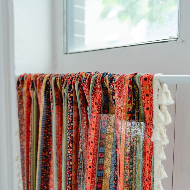 Colorful Plaid Pattern Tassel Tier Curtain in Cotton Linen