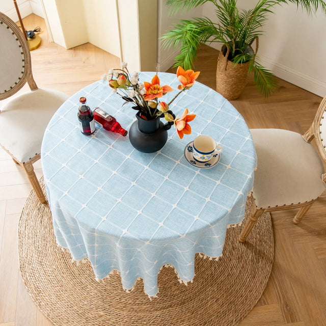 Cotton Linen Jacquard Round Tablecloth with Tassels