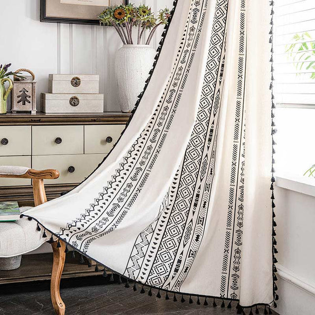 Geometric Tassel Curtain Semi Blackout Drapes in Cotton Blend