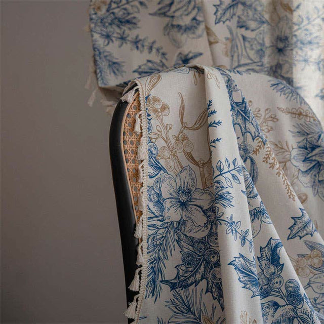 Blue Flower Pine Cotton Linen Light Filtering Curtain