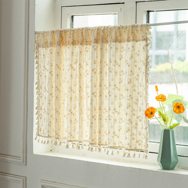 Beige Daisy Pattern Tier Curtain in Cotton Linen Fabric