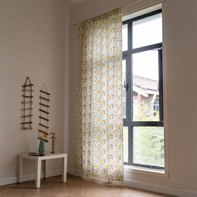 Yellow Flower Tassel Light Filtering Cotton Linen Curtain