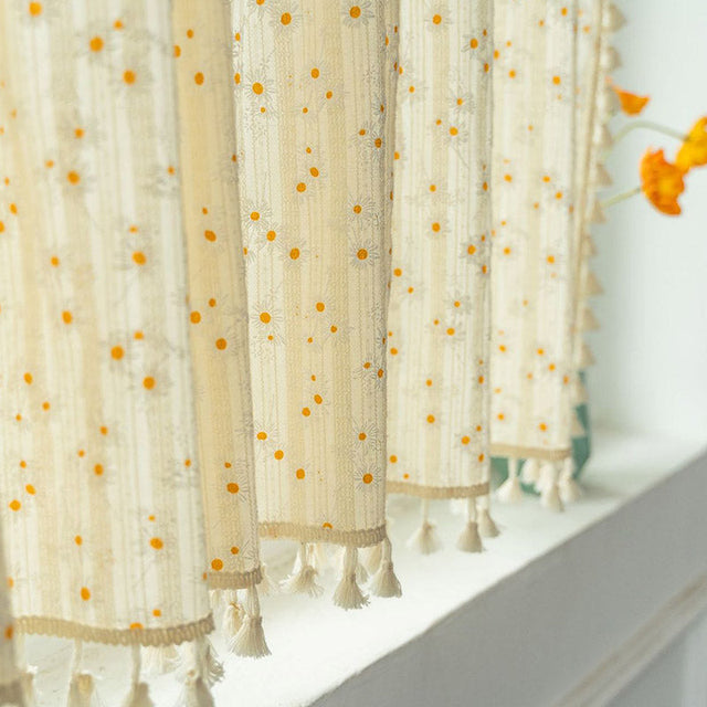 Beige Daisy Pattern Tier Curtain in Cotton Linen Fabric