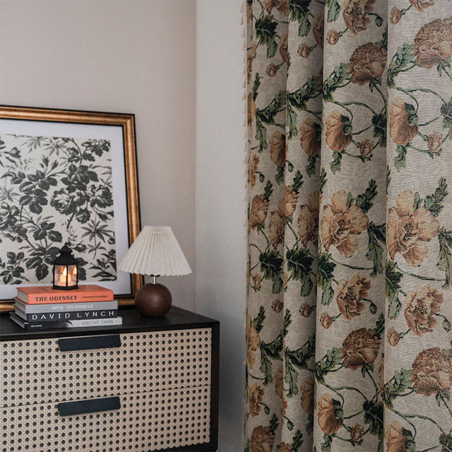 Beige Flower Tassel Semi Blackout Curtain for Privacy
