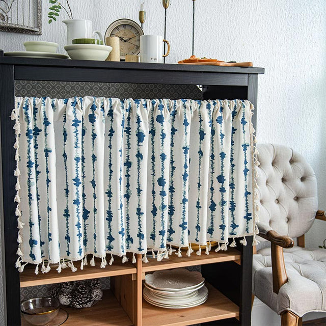 Blue ECG Tassel Cabinet Curtain in Cotton Linen Fabric