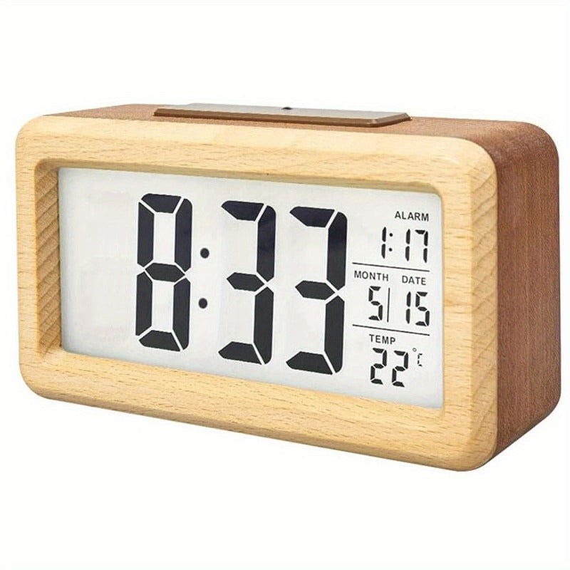 Elegant Wooden Alarm Clock with Calendar & Temperature Display