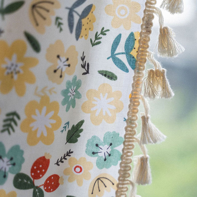 Yellow Flower Tassel Light Filtering Cotton Linen Curtain