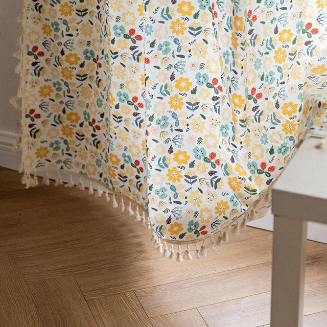 Yellow Flower Tassel Light Filtering Cotton Linen Curtain
