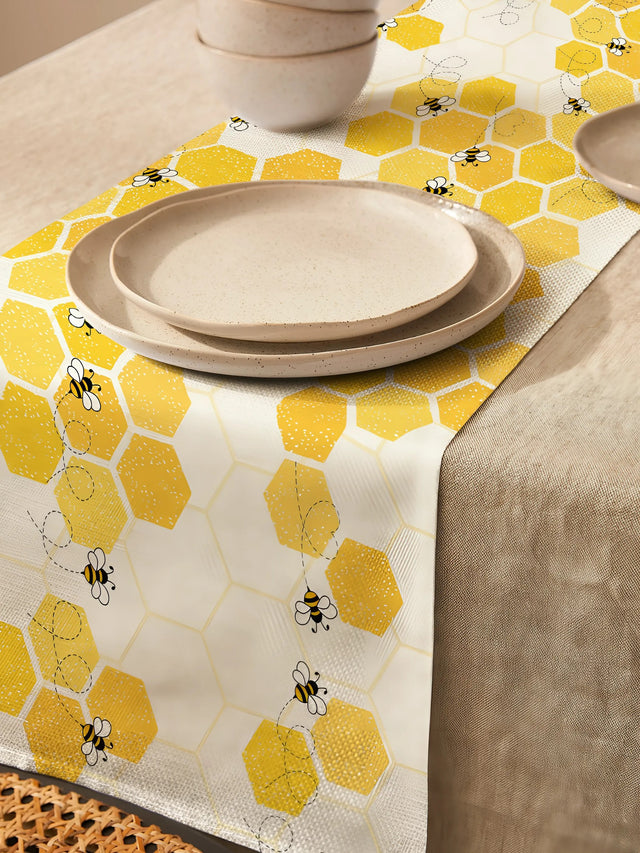 Geometric Bee Pattern Linen Table Runner for Stylish Decor