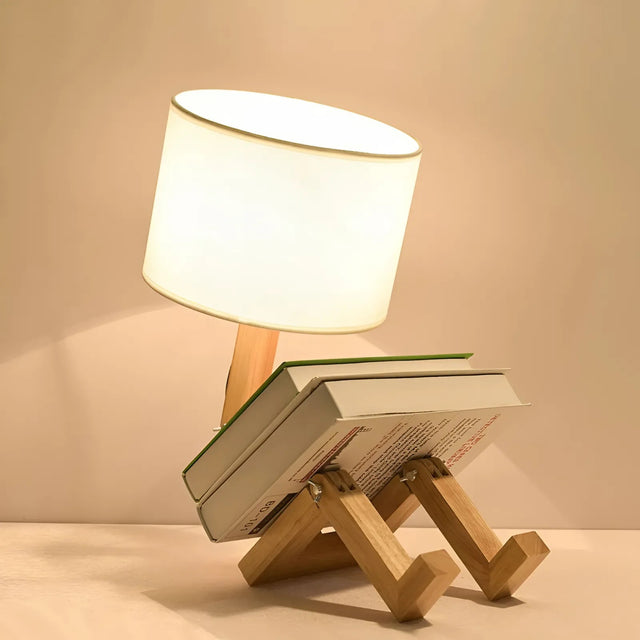Adjustable Robot Shape Wooden Table Lamp with Fabric Shade