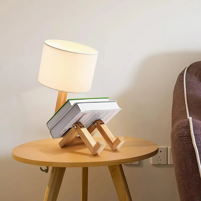 Adjustable Robot Shape Wooden Table Lamp with Fabric Shade
