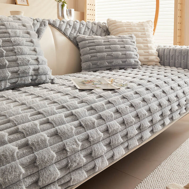 Fluffy Plush Striped Furniture Protector Couch Cover - Non-Slip