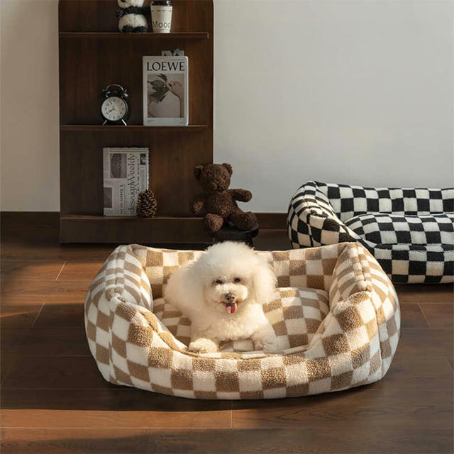 Checkerboard Cozy Pet Bed Warmth Style Comfort Soft Fabric