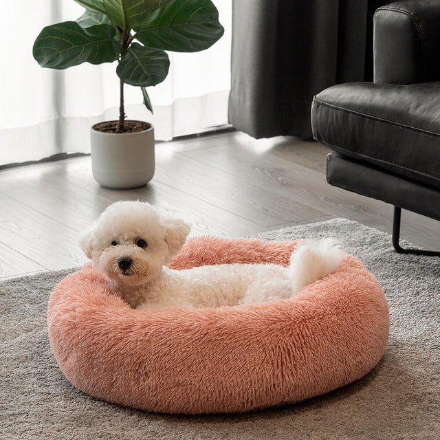Round Fluffy Dog Bed Soft Nylon Faux Fur Removable Cover
