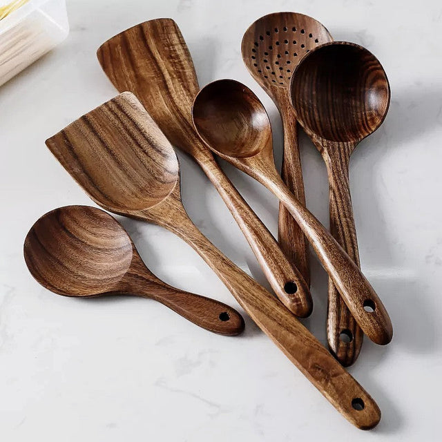 NordTeak 7-Piece Kitchen Utensil Set - Premium Teak Wood Tools
