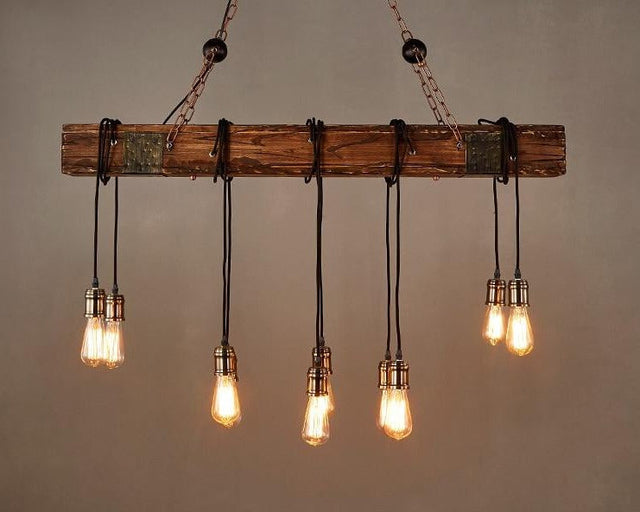 Loft Bar Chandelier - Industrial Vintage Wood & Metal LED Pendant Light for Living Rooms & Bars