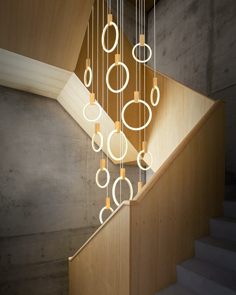 Halo LED Stair Chandelier – Modern Aluminum & Acrylic Hanging Light