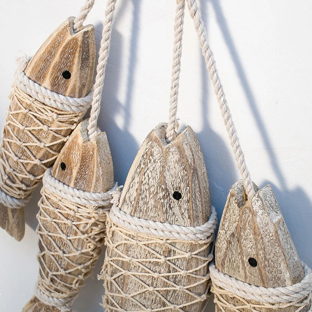Mediterranean Style Wooden Fish Ornaments for Coastal Decor