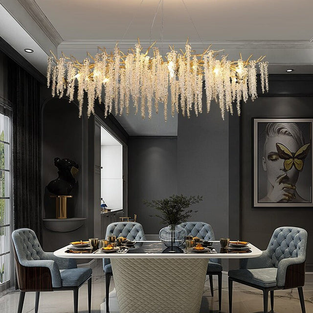 Essence Crystal LED Chandelier – Organic K9 Crystal Clusters with Gold Metal Frame for Dining, Living Room & Hotel