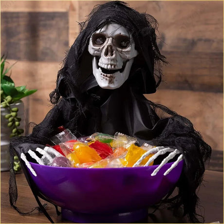 Halloween Motion Activated Candy Bowl – Skeleton Design with Flashing Eyes and Sounds, Perfect for Trick-or-Treating and Parties 0