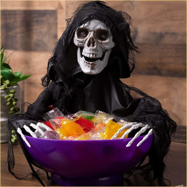 Halloween Motion Activated Candy Bowl – Skeleton Design with Flashing Eyes and Sounds, Perfect for Trick-or-Treating and Parties 0