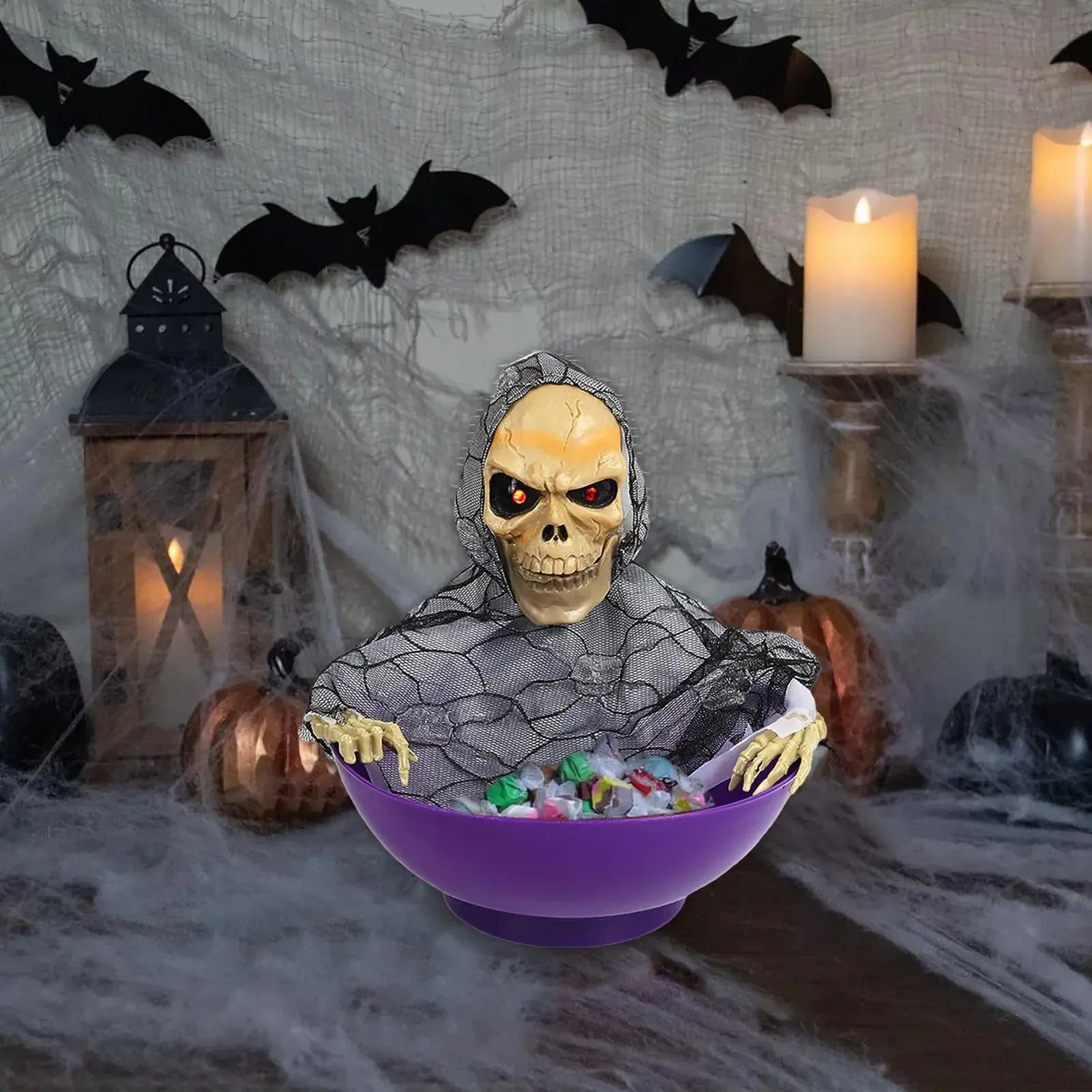 Halloween Motion Activated Candy Bowl – Skeleton Design with Flashing Eyes and Sounds, Perfect for Trick-or-Treating and Parties 1