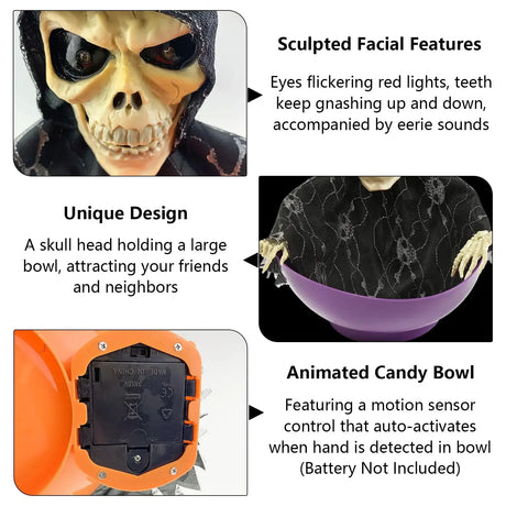 Halloween Motion Activated Candy Bowl – Skeleton Design with Flashing Eyes and Sounds, Perfect for Trick-or-Treating and Parties 3