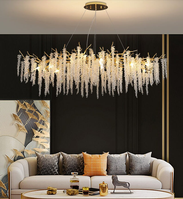 Essence Crystal LED Chandelier – Organic K9 Crystal Clusters with Gold Metal Frame for Dining, Living Room & Hotel