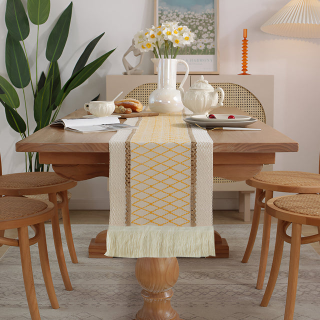 Boho Macrame Cotton Linen Table Runner with Tassels
