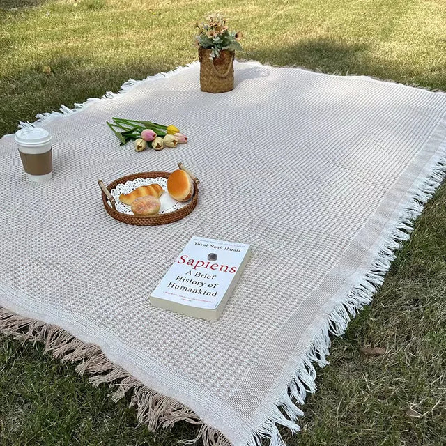Variant image for Picnic Blanket with Tassel Camping Mat Lawn Pad for Outdoor Travel Portable Knitting Tablecloth Nap Bedspread-1